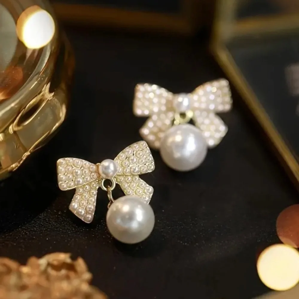 White Bow Coquette Faux Pearl Formal Prom Cocktail Earrings Wedding Jewelry